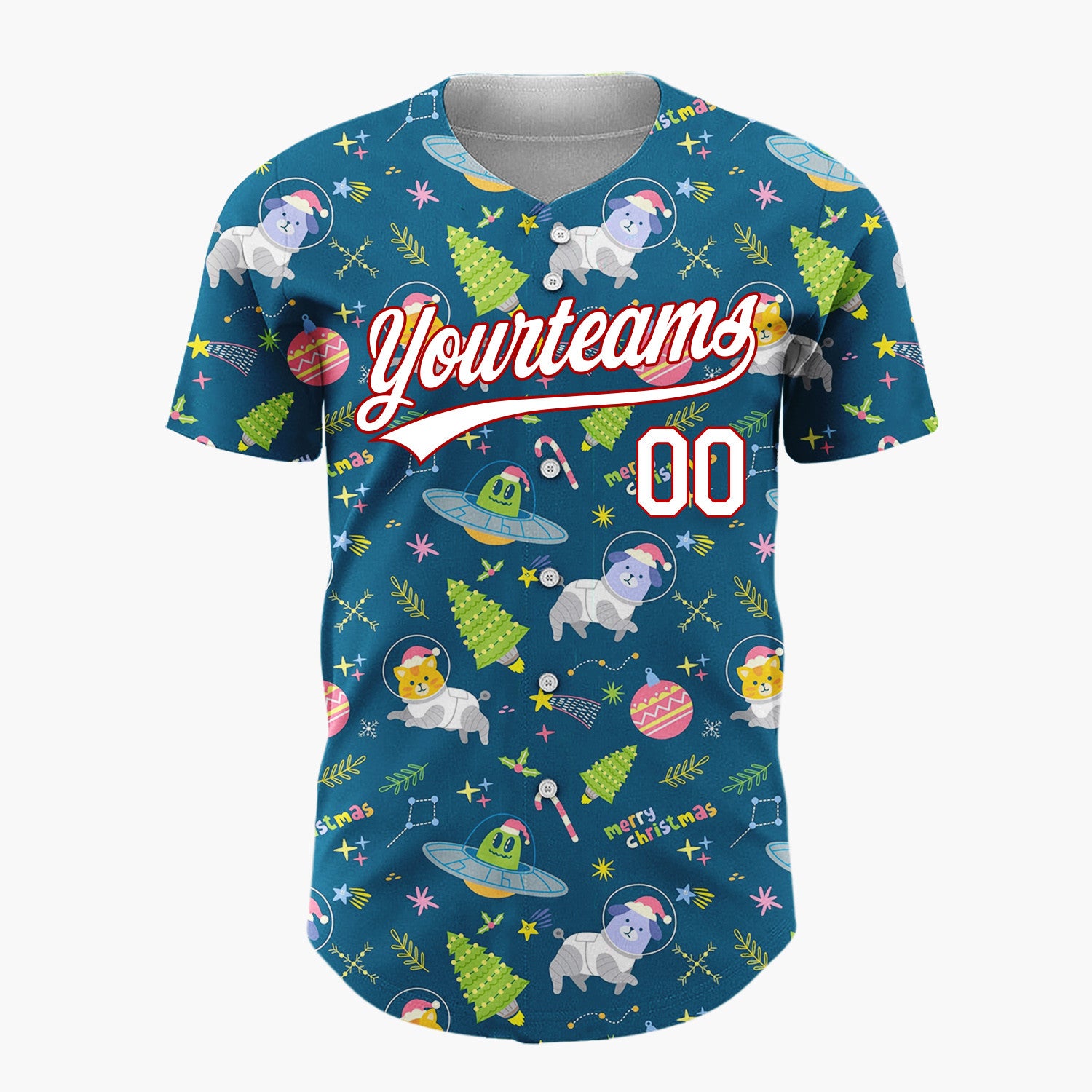 Custom Navy Blue Space Cats UFOs Funny Animals Cartoon Pattern Christmas Baseball Jersey