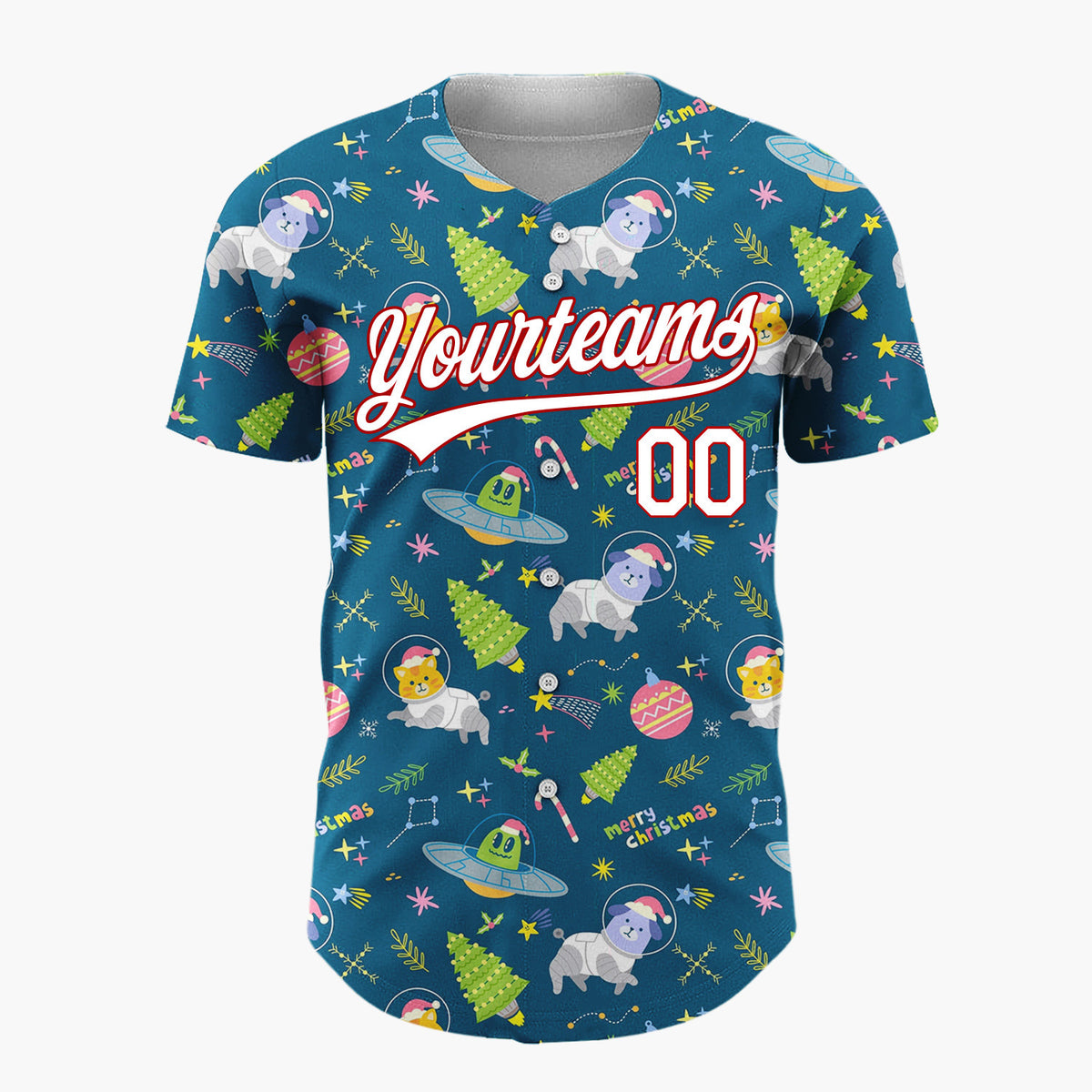Custom Navy Blue Space Cats UFOs Funny Animals Cartoon Pattern Christmas Baseball Jersey