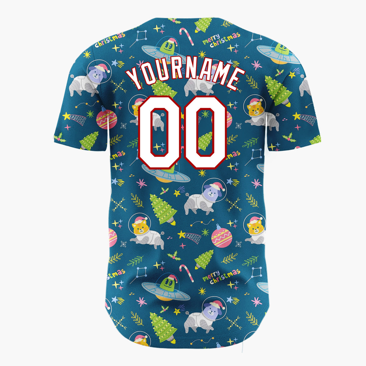 Custom Navy Blue Space Cats UFOs Funny Animals Cartoon Pattern Christmas Baseball Jersey