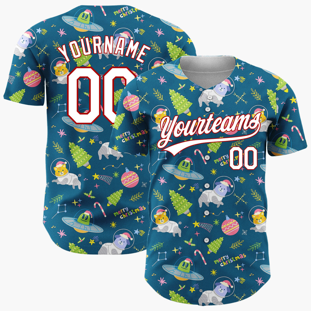 Custom Navy Blue Space Cats UFOs Funny Animals Cartoon Pattern Christmas Baseball Jersey