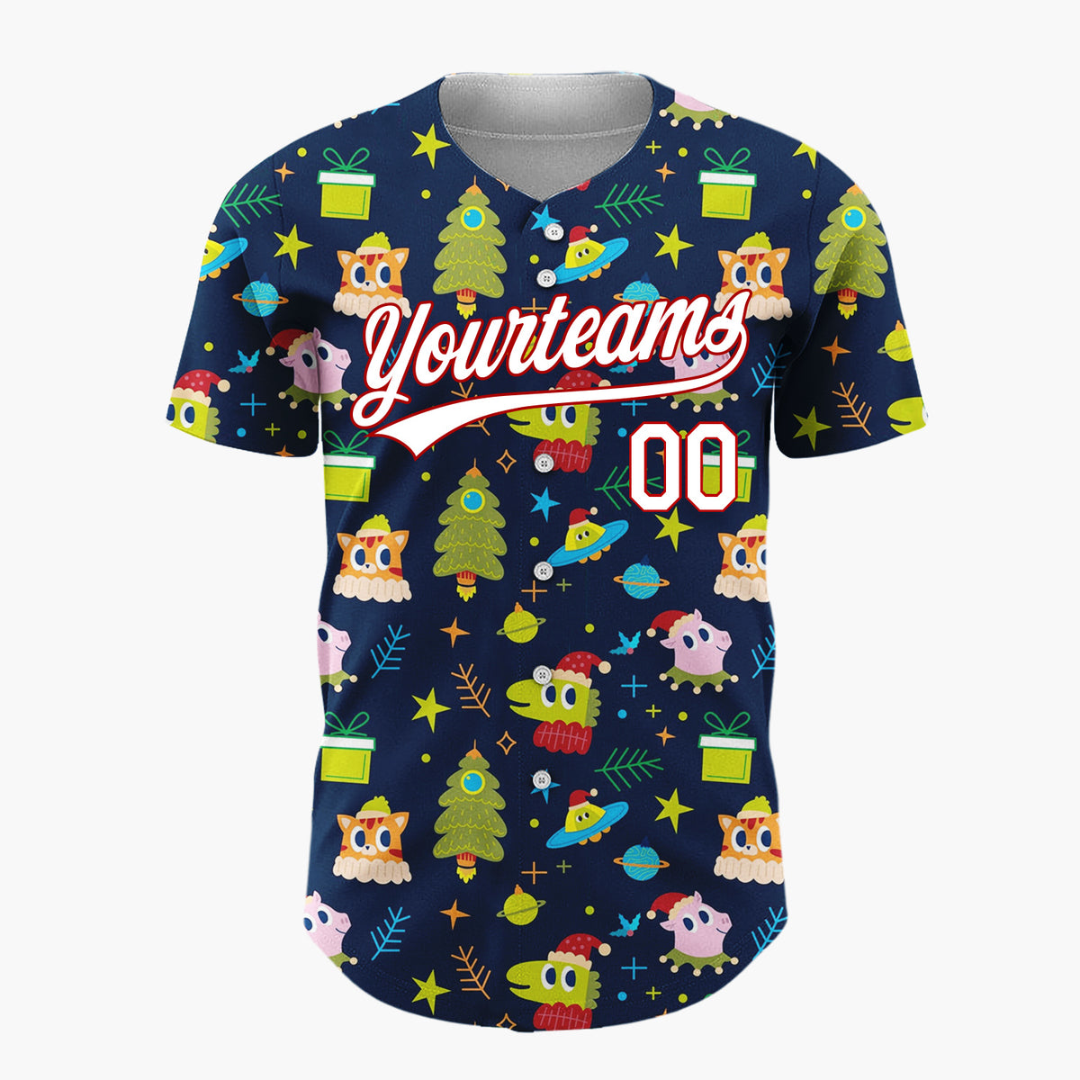 Custom Navy Green Aliens UFOs And Christmas Trees Whimsical Holiday Pattern Christmas Baseball Jersey