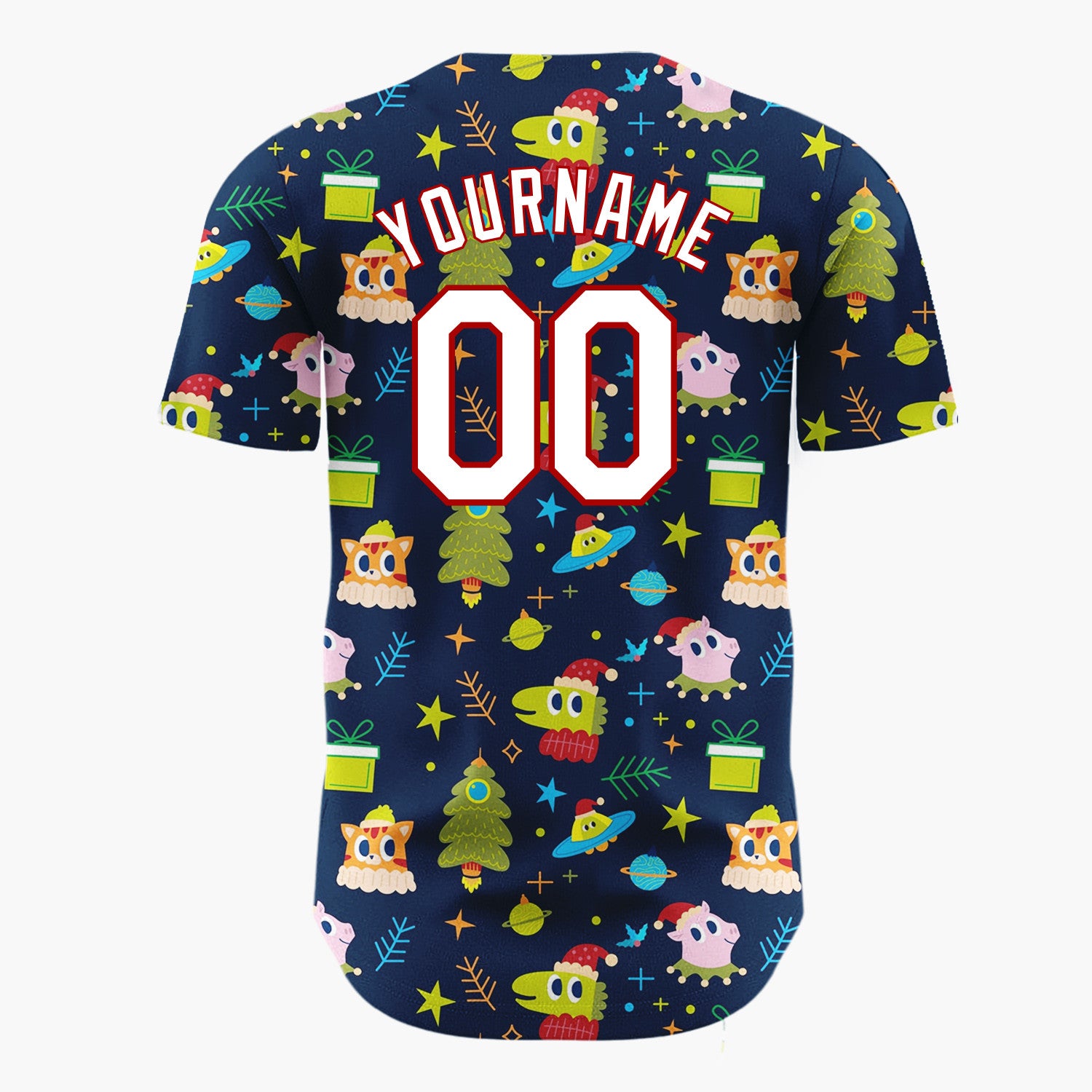 Custom Navy Green Aliens UFOs And Christmas Trees Whimsical Holiday Pattern Christmas Baseball Jersey