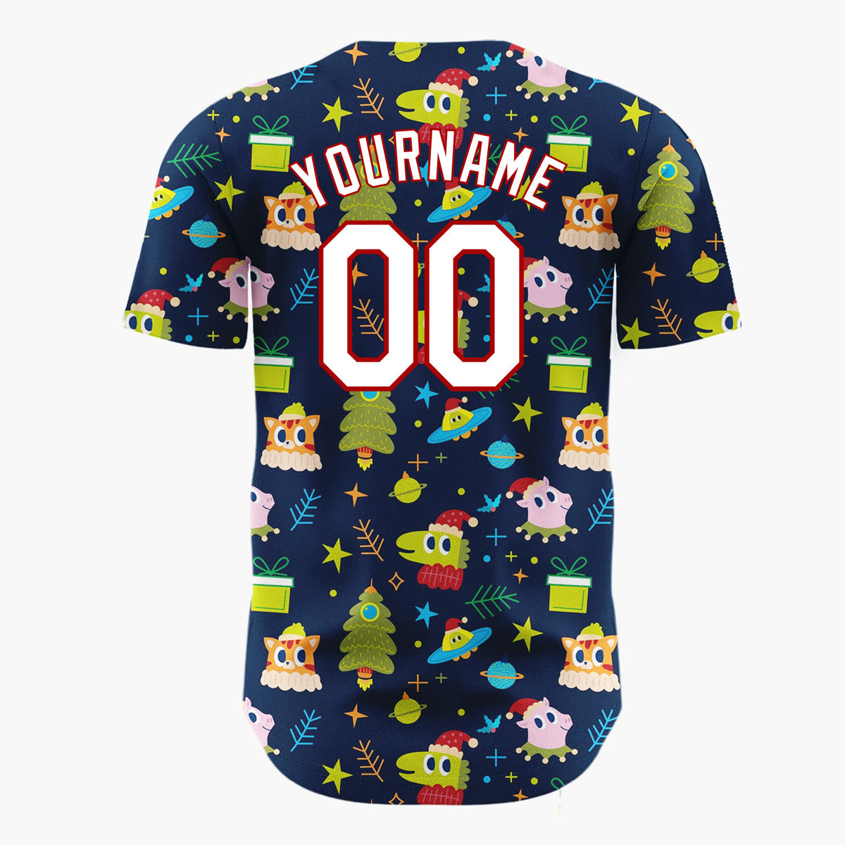 Custom Navy Green Aliens UFOs And Christmas Trees Whimsical Holiday Pattern Christmas Baseball Jersey