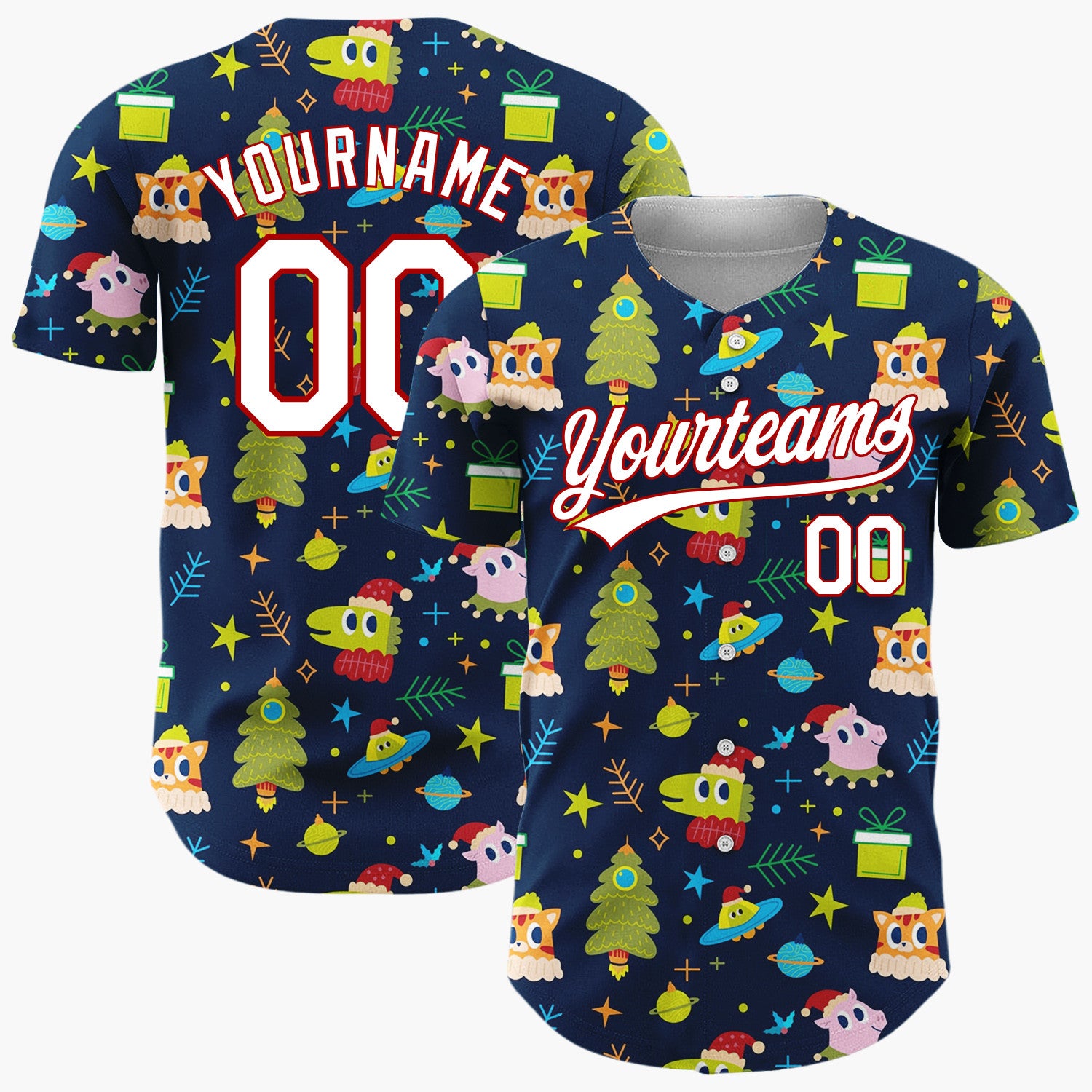 Custom Navy Green Aliens UFOs And Christmas Trees Whimsical Holiday Pattern Christmas Baseball Jersey