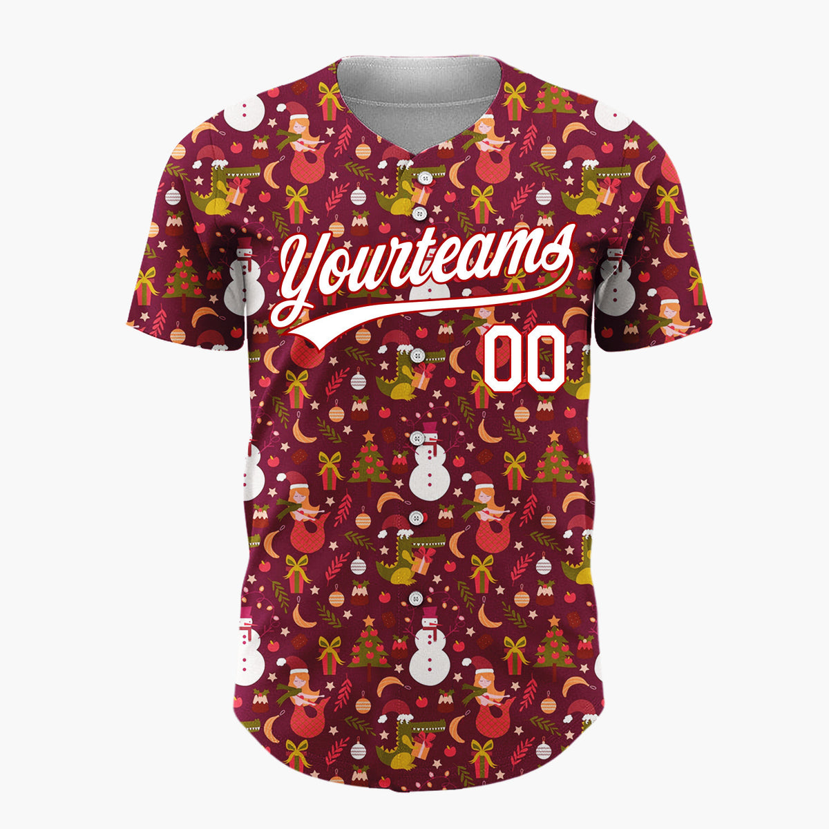 Custom Maroon Red Dinosaur Mermaid Fantasy Christmas Baseball Jersey