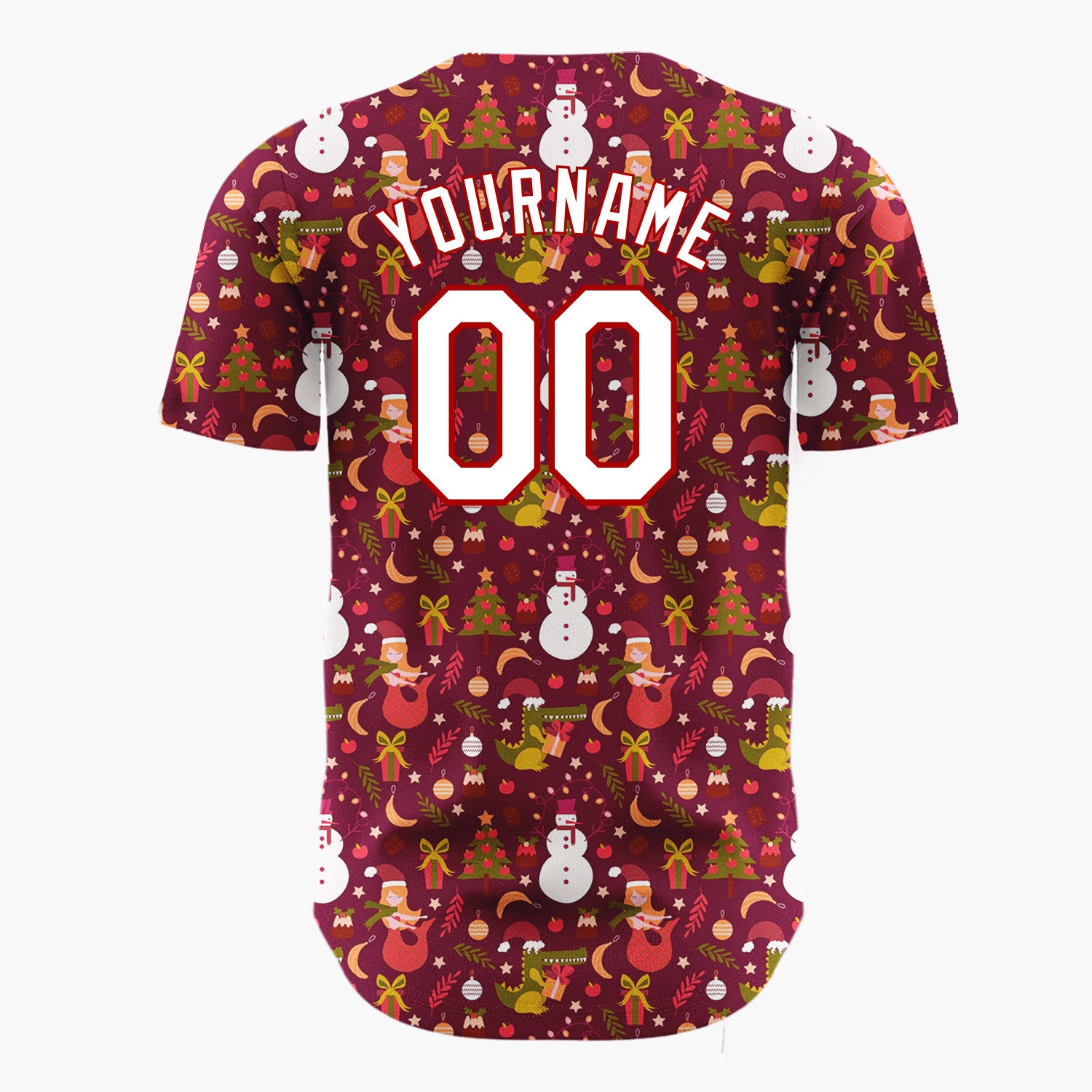 Custom Maroon Red Dinosaur Mermaid Fantasy Christmas Baseball Jersey