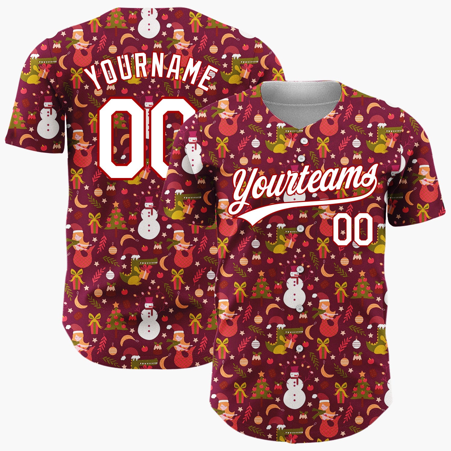 Custom Maroon Red Dinosaur Mermaid Fantasy Christmas Baseball Jersey