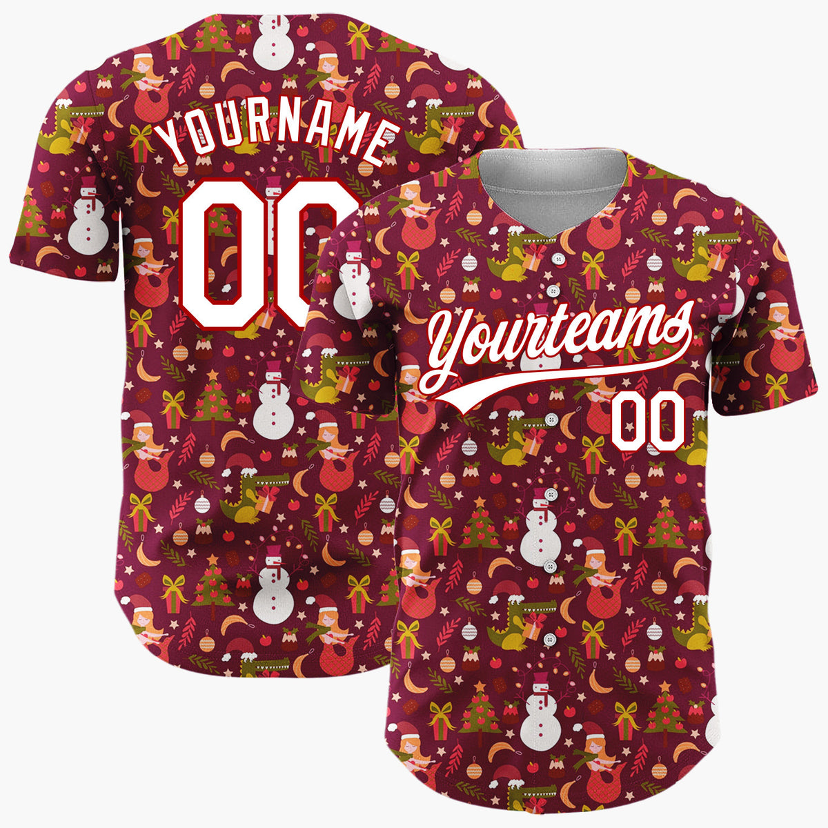 Custom Maroon Red Dinosaur Mermaid Fantasy Christmas Baseball Jersey