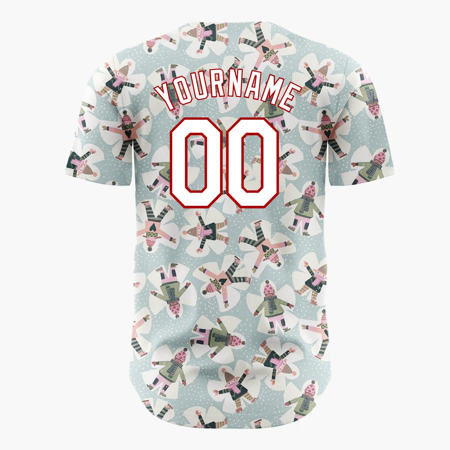 Custom Mint Green Snow Angels Snowflakes Cute Winter Scene Pattern Christmas Baseball Jersey
