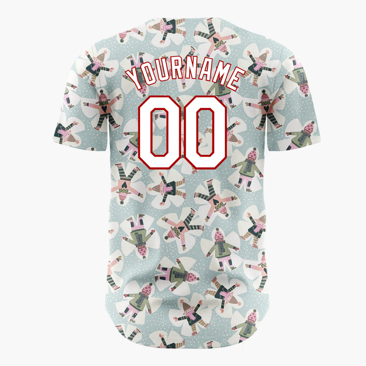 Custom Mint Green Snow Angels Snowflakes Cute Winter Scene Pattern Christmas Baseball Jersey