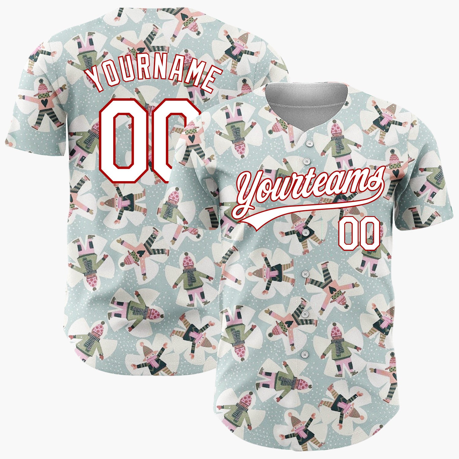 Custom Mint Green Snow Angels Snowflakes Cute Winter Scene Pattern Christmas Baseball Jersey