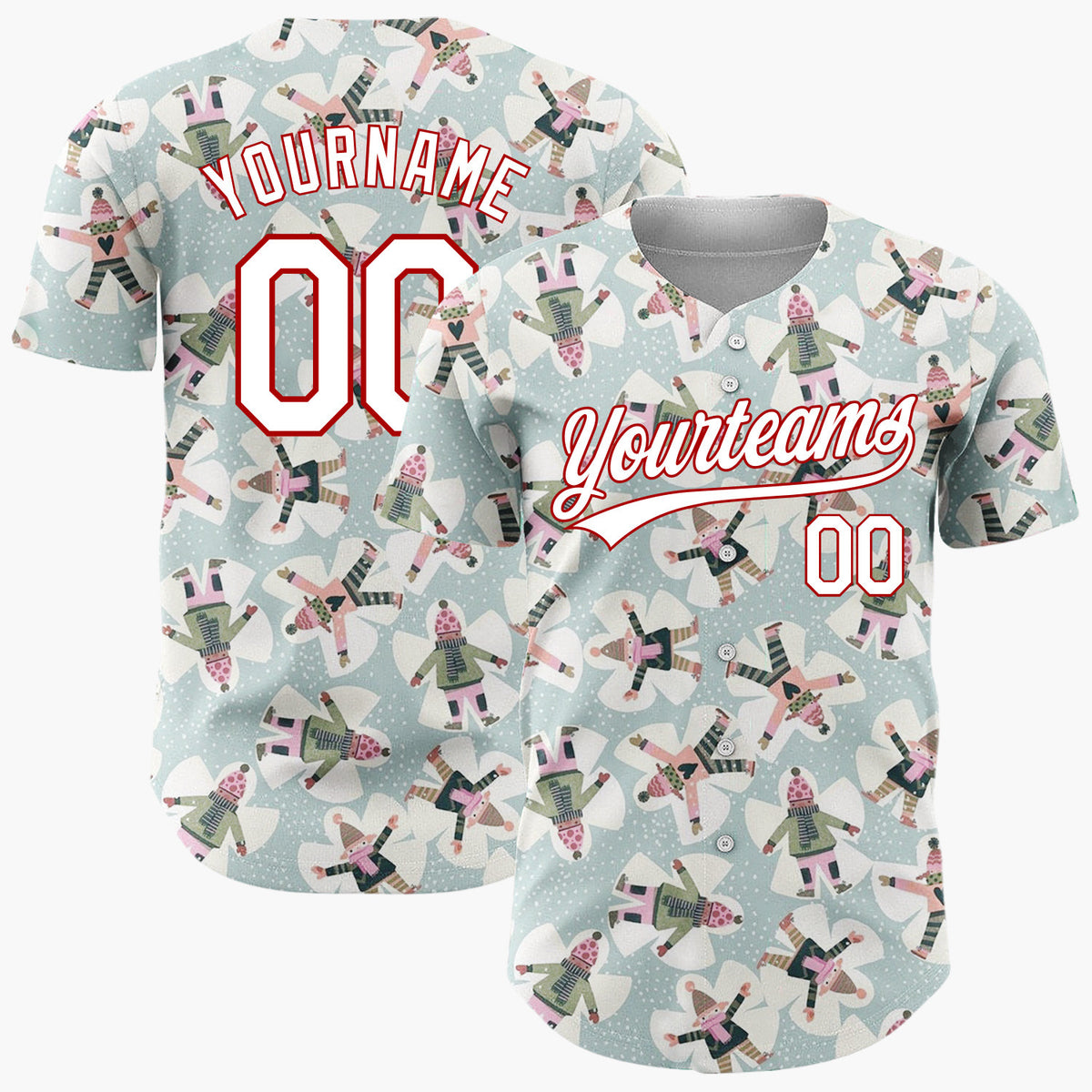 Custom Mint Green Snow Angels Snowflakes Cute Winter Scene Pattern Christmas Baseball Jersey