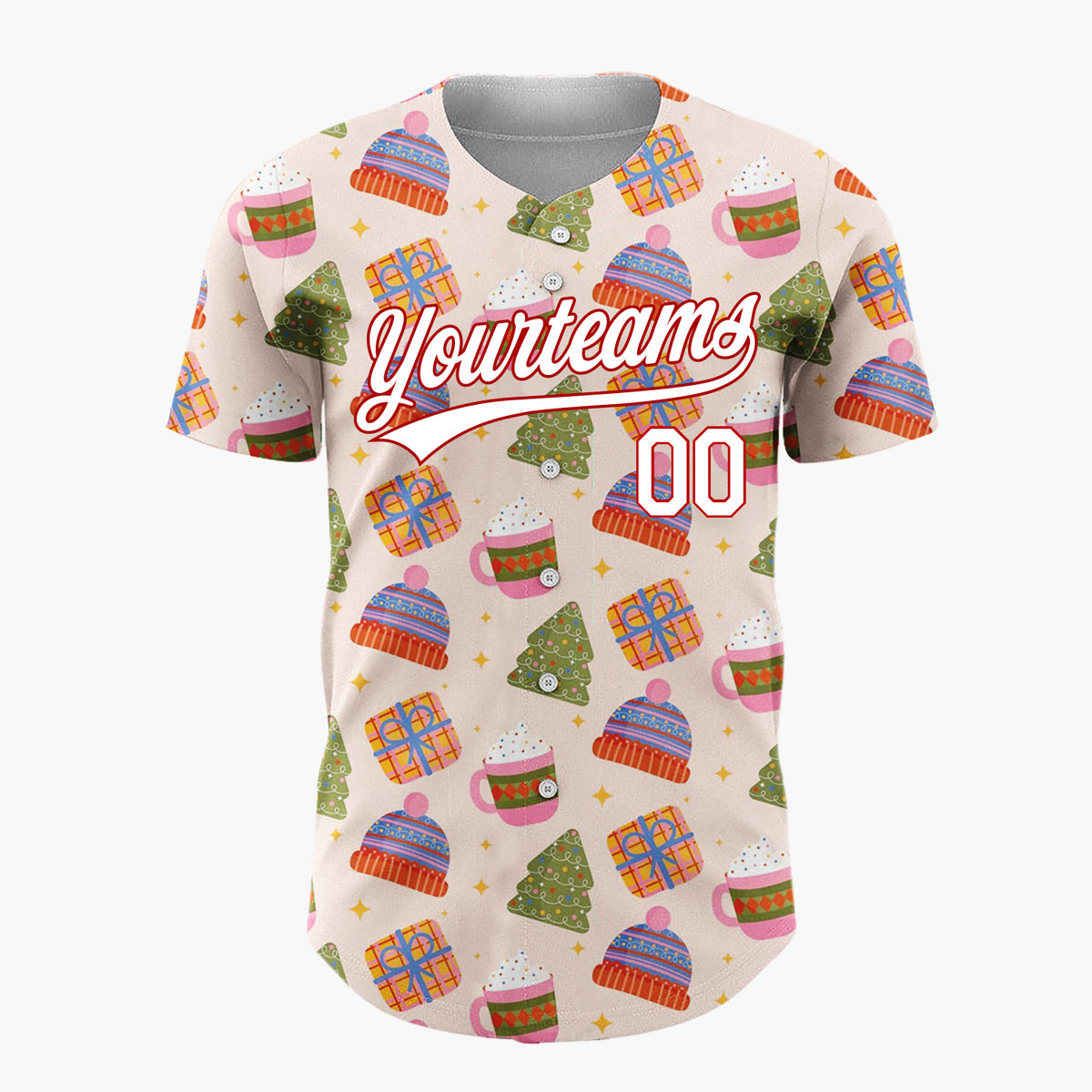 Custom Light Pink Green Red Cozy Hats And Cocoa Christmas Baseball Jersey