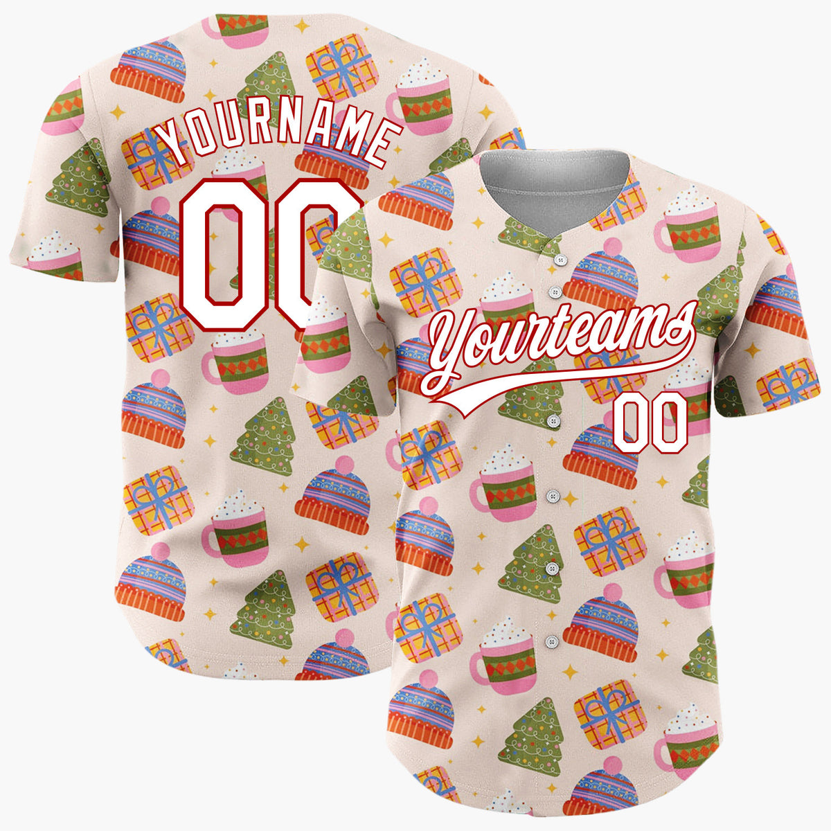 Custom Light Pink Green Red Cozy Hats And Cocoa Christmas Baseball Jersey