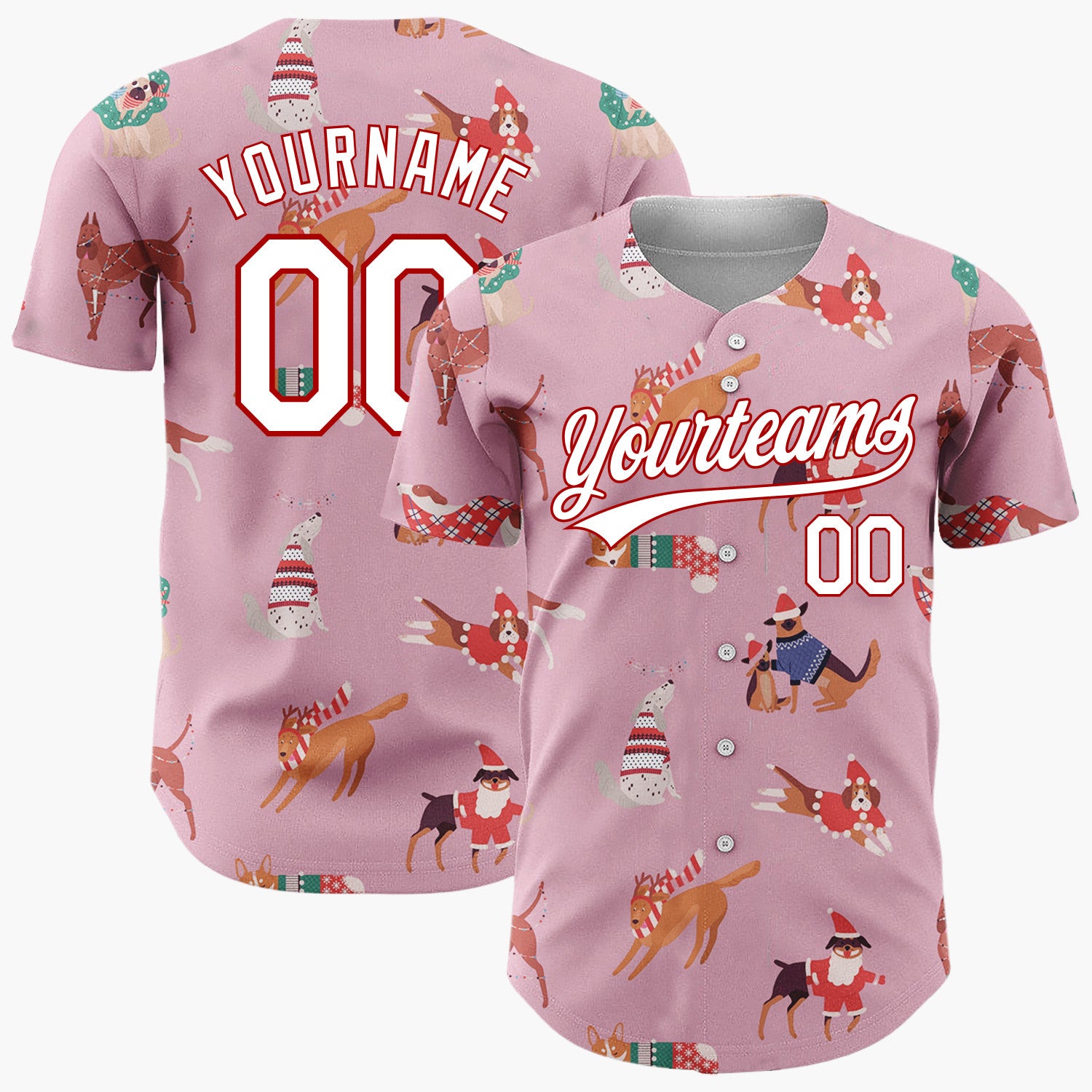 Custom Pink Christmas Dogs Festive Flat Illustration Pattern Christmas Baseball Jersey