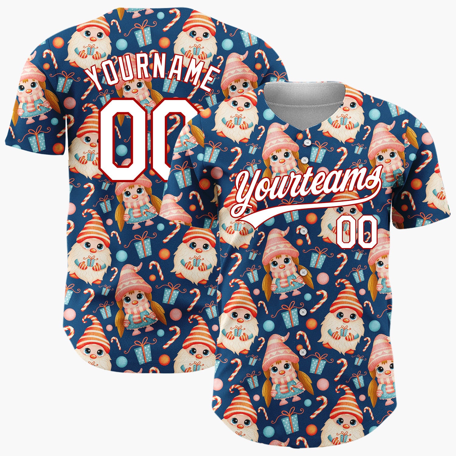 Custom Navy Cute Gnome Candy Kawaii Pattern Christmas Baseball Jersey