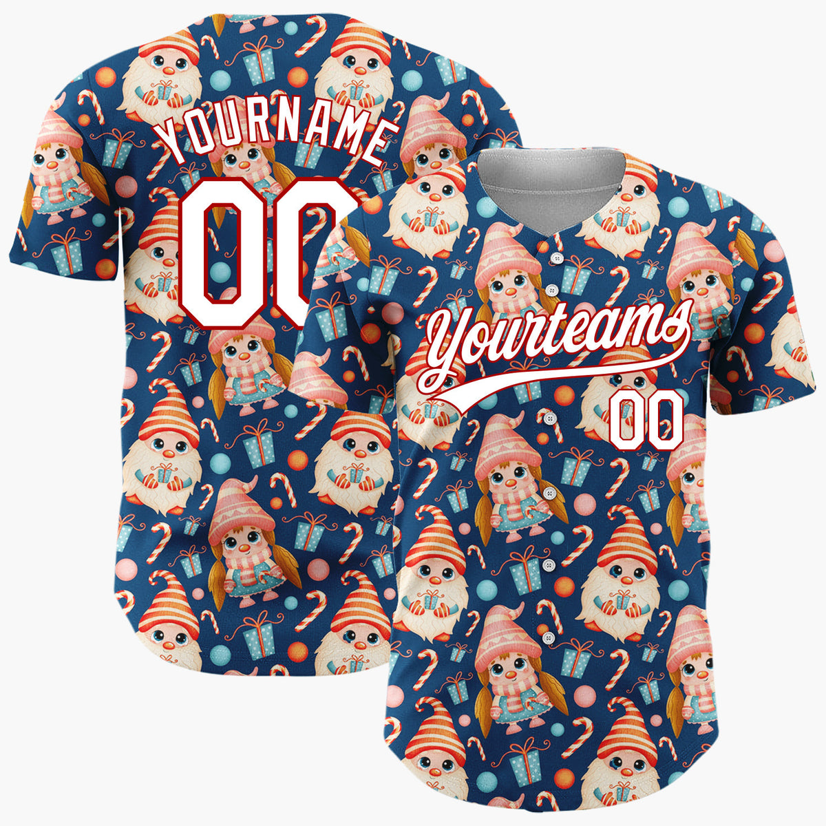 Custom Navy Cute Gnome Candy Kawaii Pattern Christmas Baseball Jersey