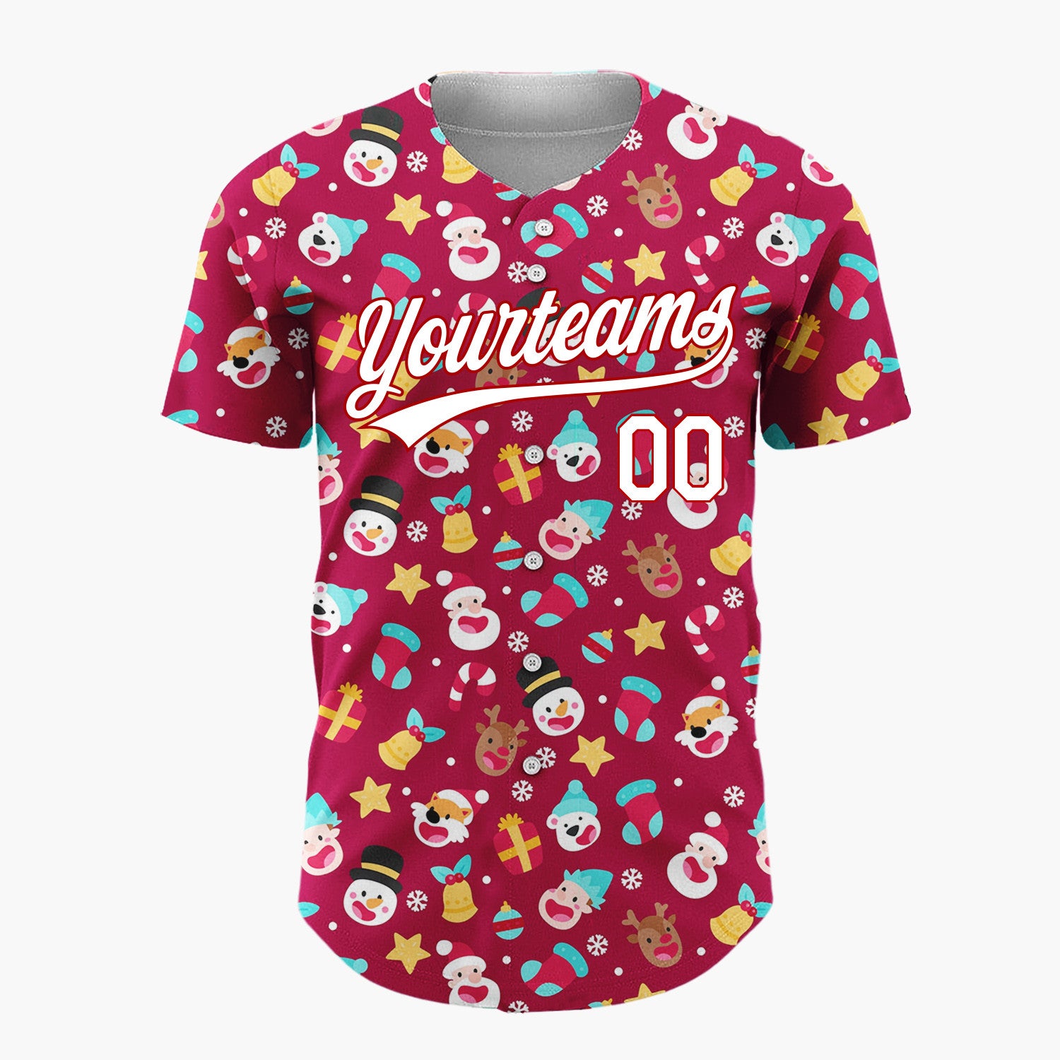Custom Maroon Red Santa Reindeer And Snowmen Cute Heads Pattern Christmas Baseball Jersey