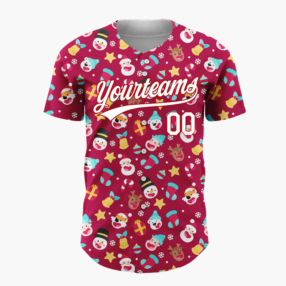 Custom Maroon Red Santa Reindeer And Snowmen Cute Heads Pattern Christmas Baseball Jersey