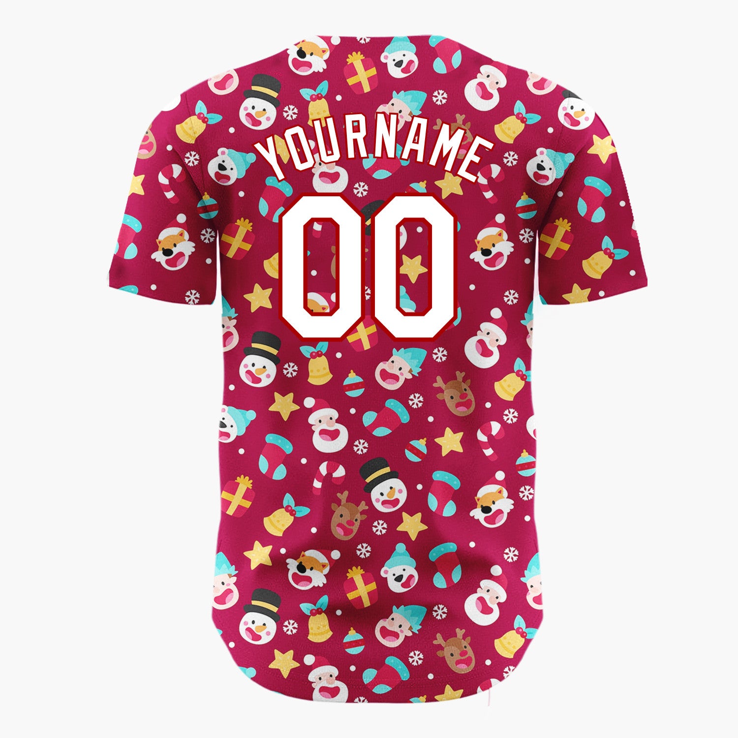 Custom Maroon Red Santa Reindeer And Snowmen Cute Heads Pattern Christmas Baseball Jersey