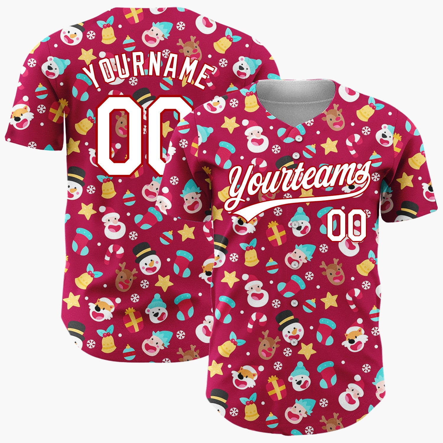 Custom Maroon Red Santa Reindeer And Snowmen Cute Heads Pattern Christmas Baseball Jersey