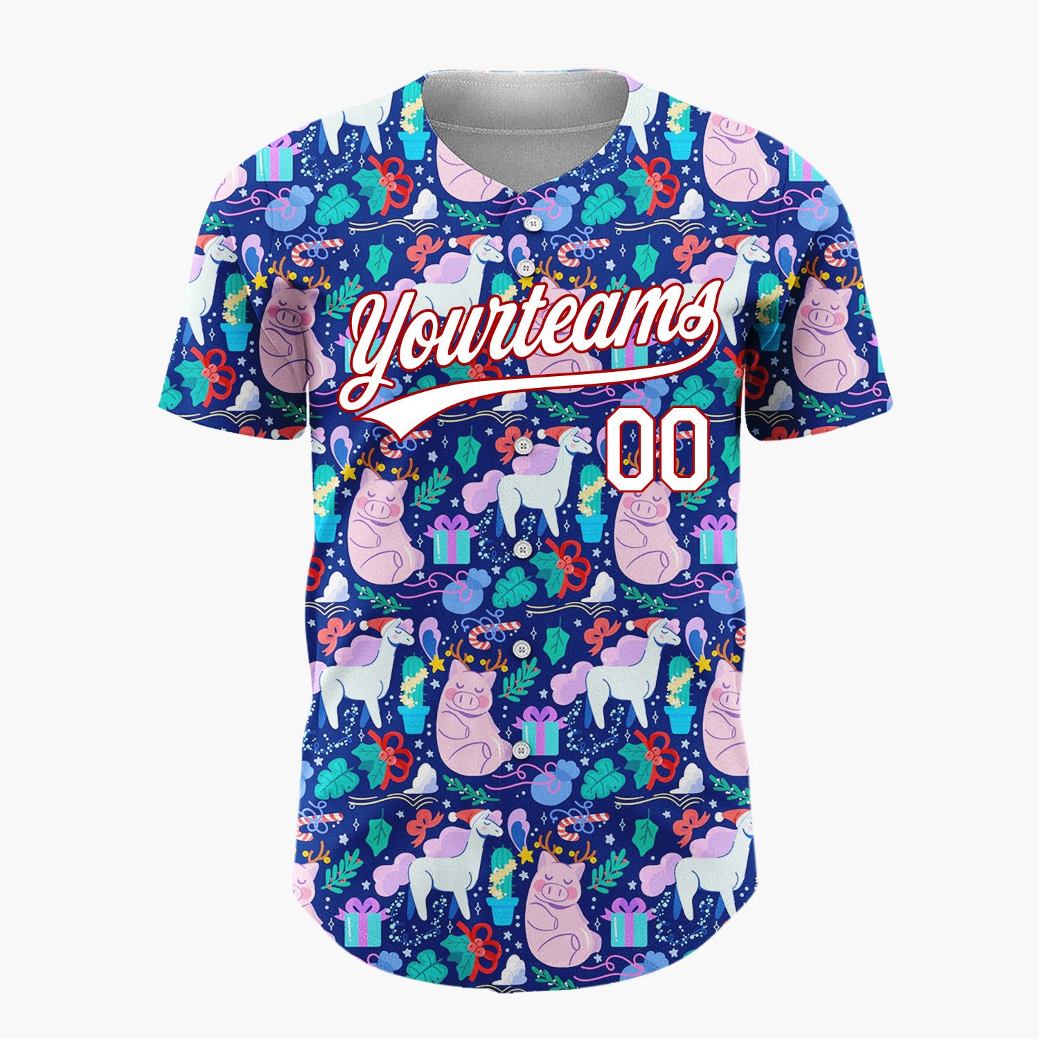 Custom Navy Blue Pink Unicorns Pigs And Gifts Whimsical Holiday Pattern Christmas Baseball Jersey