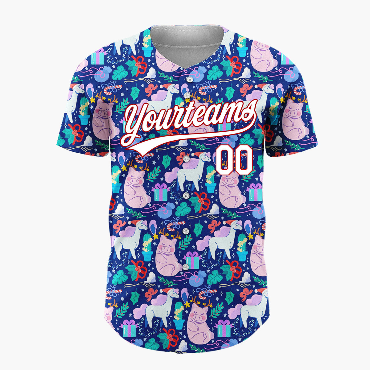 Custom Navy Blue Pink Unicorns Pigs And Gifts Whimsical Holiday Pattern Christmas Baseball Jersey