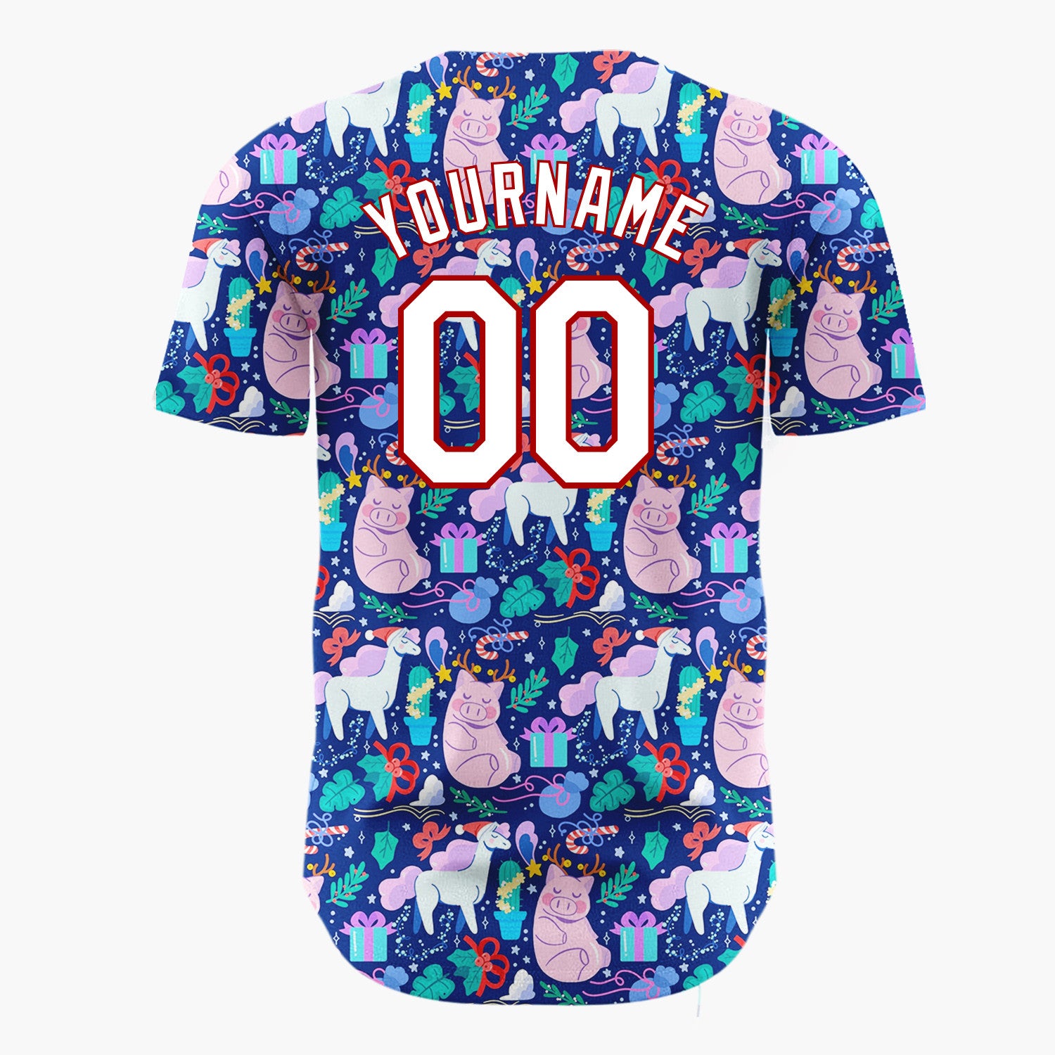 Custom Navy Blue Pink Unicorns Pigs And Gifts Whimsical Holiday Pattern Christmas Baseball Jersey