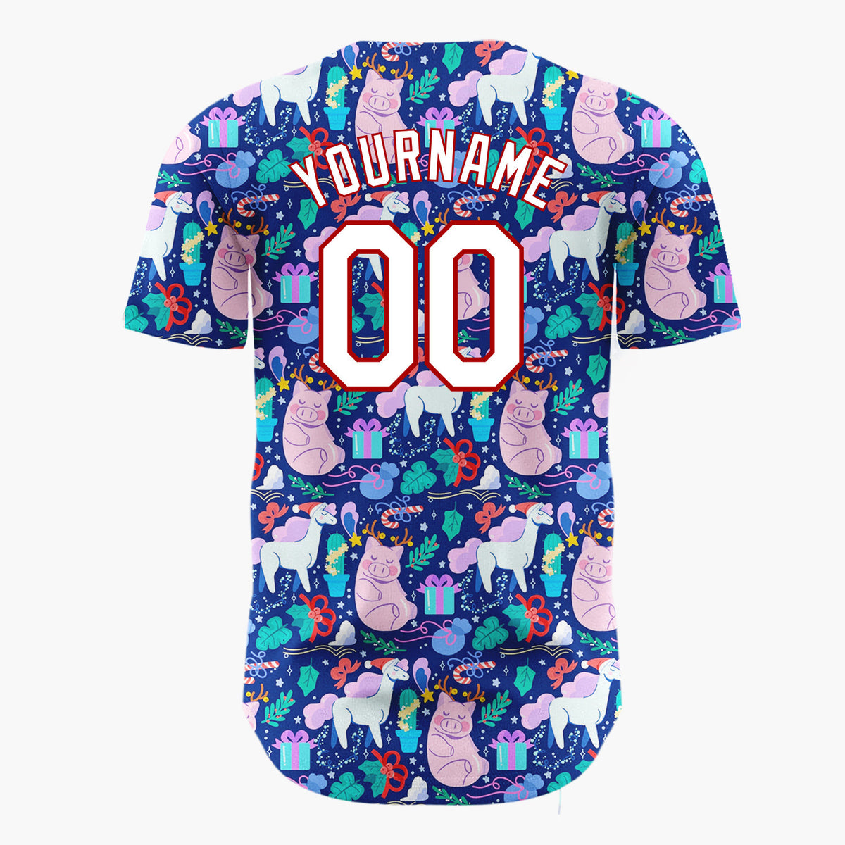 Custom Navy Blue Pink Unicorns Pigs And Gifts Whimsical Holiday Pattern Christmas Baseball Jersey