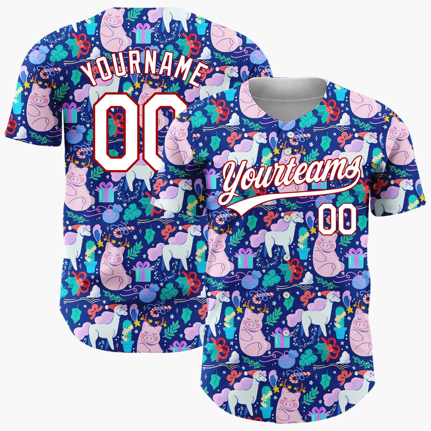 Custom Navy Blue Pink Unicorns Pigs And Gifts Whimsical Holiday Pattern Christmas Baseball Jersey