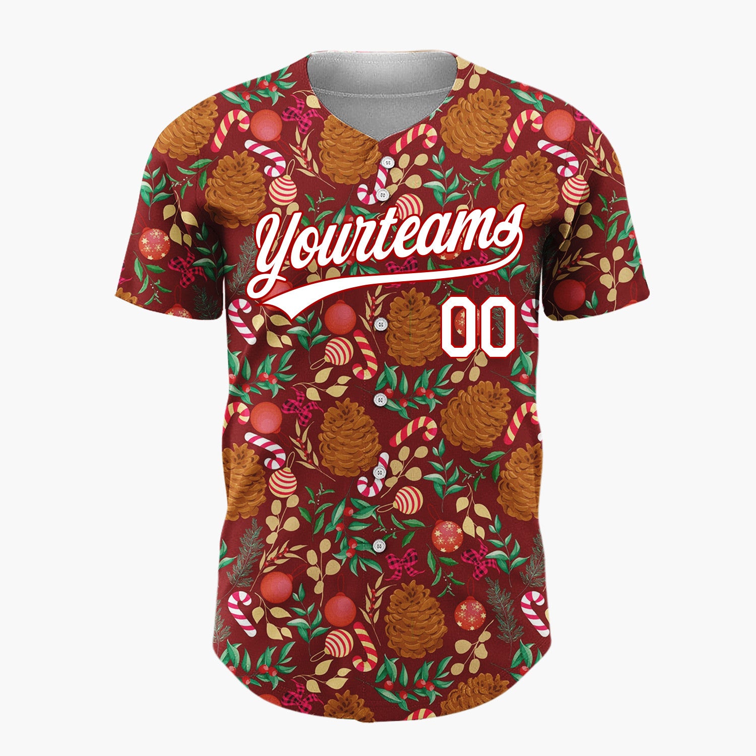 Custom Maroon Red Brown Pinecones Candy Canes And Baubles Christmas Botanical Pattern Christmas Baseball Jersey