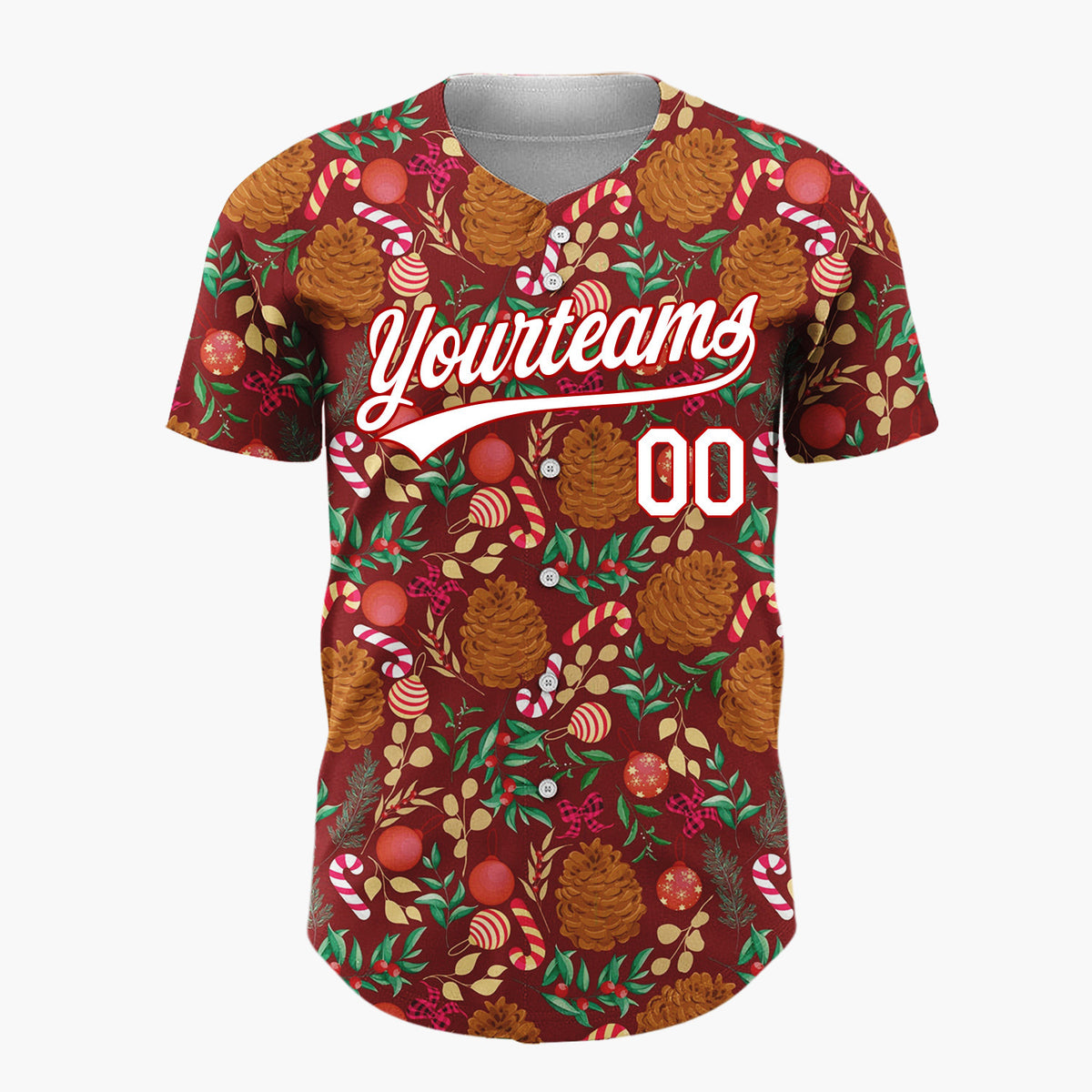 Custom Maroon Red Brown Pinecones Candy Canes And Baubles Christmas Botanical Pattern Christmas Baseball Jersey