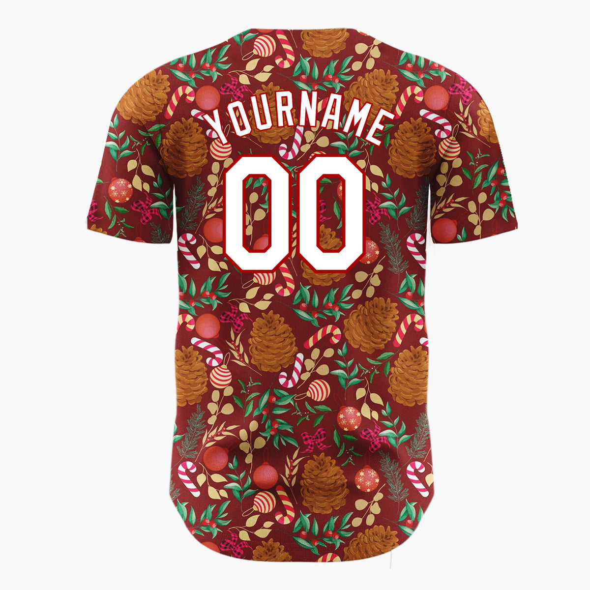 Custom Maroon Red Brown Pinecones Candy Canes And Baubles Christmas Botanical Pattern Christmas Baseball Jersey