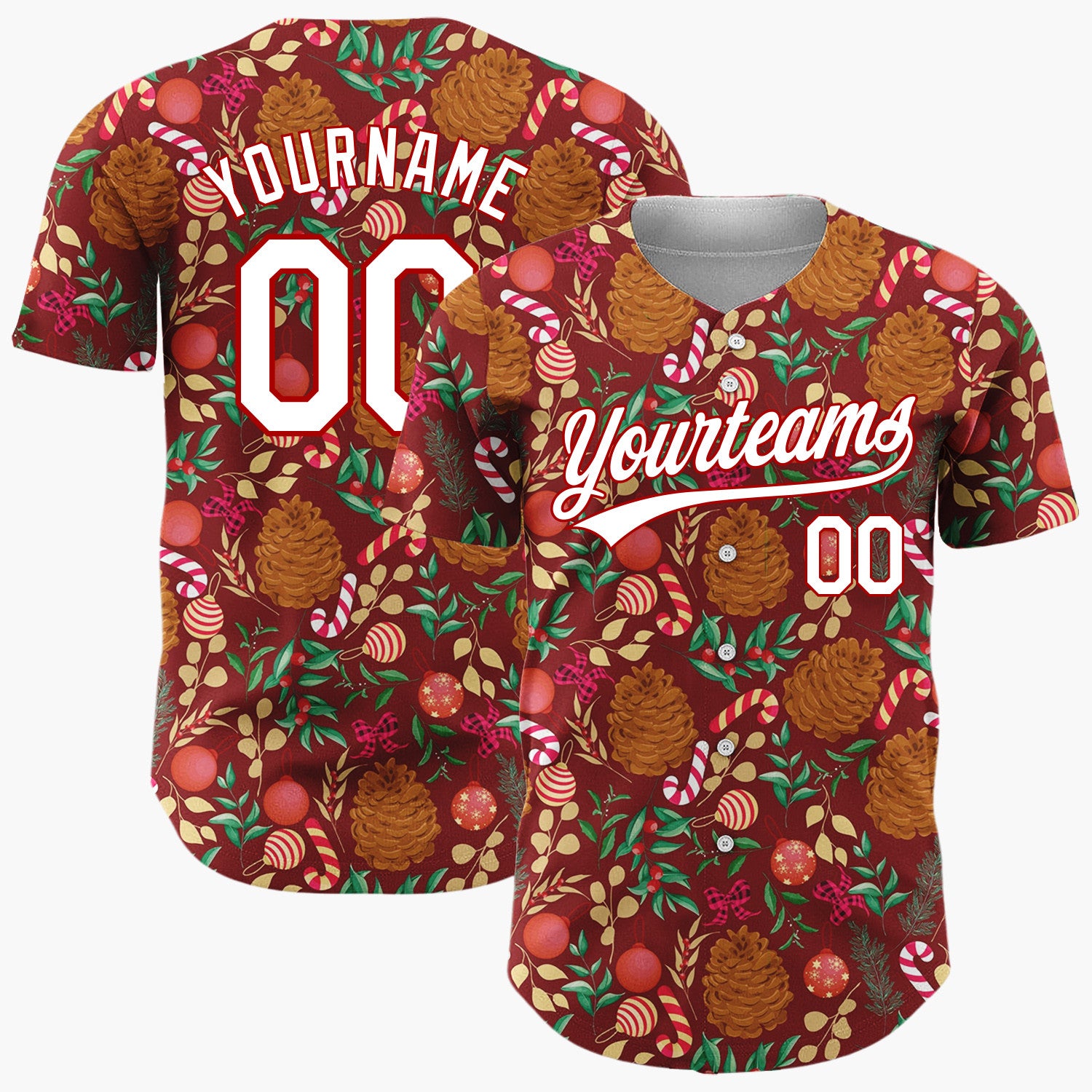 Custom Maroon Red Brown Pinecones Candy Canes And Baubles Christmas Botanical Pattern Christmas Baseball Jersey