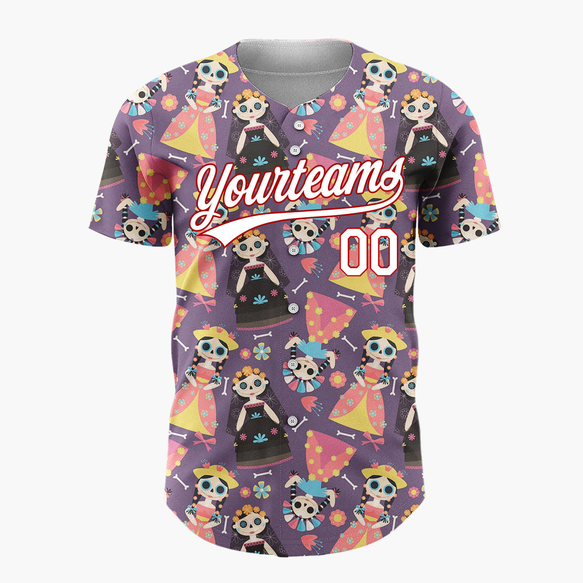 Custom Purple Yellow Skeleton Dolls And Flowers Day Of The Dead Pattern Christmas Baseball Jersey