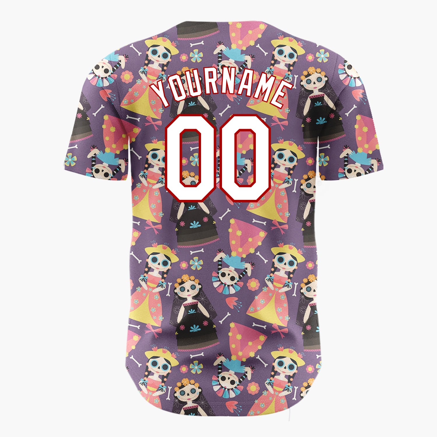 Custom Purple Yellow Skeleton Dolls And Flowers Day Of The Dead Pattern Christmas Baseball Jersey