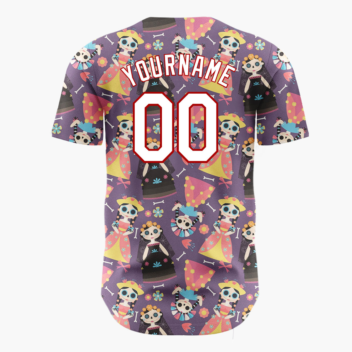 Custom Purple Yellow Skeleton Dolls And Flowers Day Of The Dead Pattern Christmas Baseball Jersey