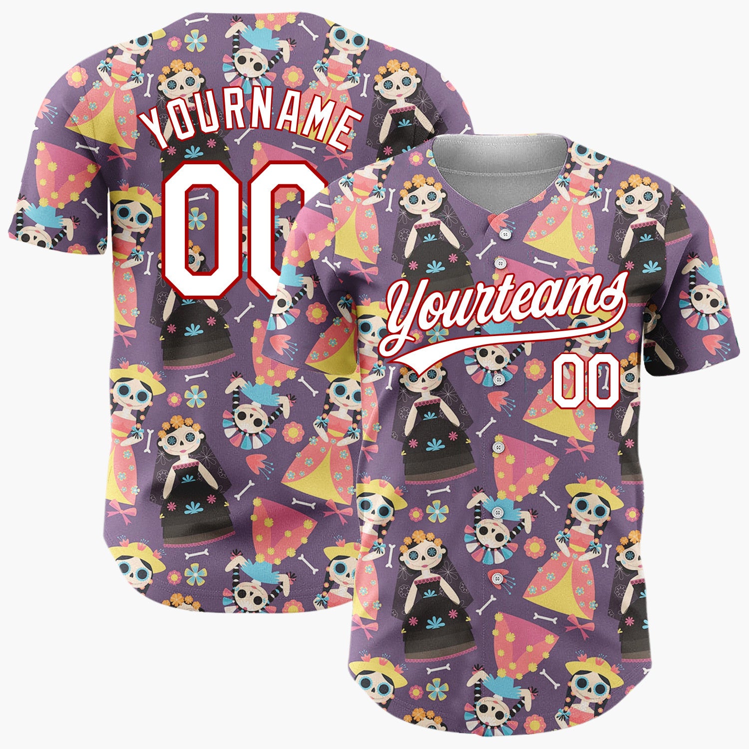 Custom Purple Yellow Skeleton Dolls And Flowers Day Of The Dead Pattern Christmas Baseball Jersey