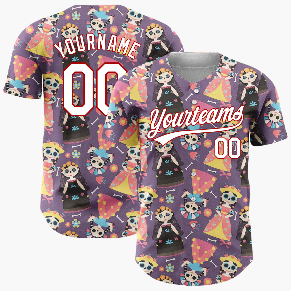 Custom Purple Yellow Skeleton Dolls And Flowers Day Of The Dead Pattern Christmas Baseball Jersey