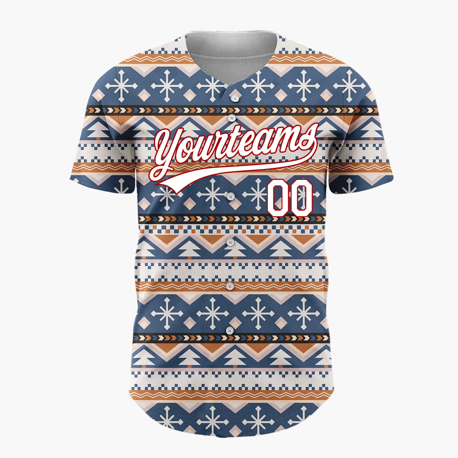 Custom Navy Beige Trees And Snowflakes Tribal Winter Geometric Pattern Christmas Baseball Jersey