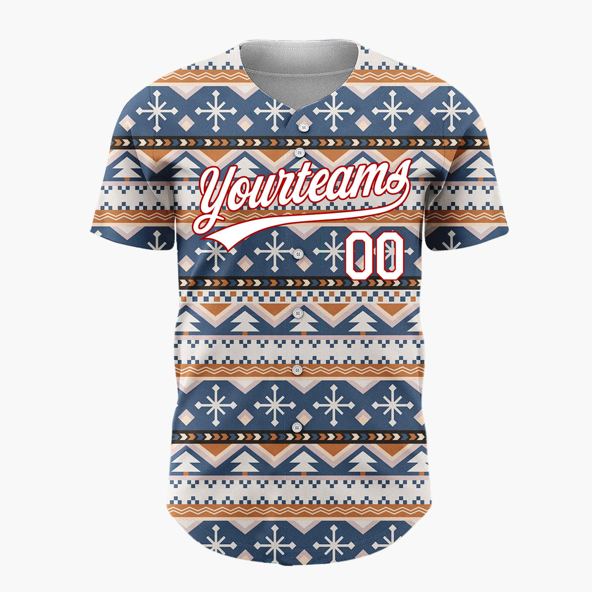 Custom Navy Beige Trees And Snowflakes Tribal Winter Geometric Pattern Christmas Baseball Jersey