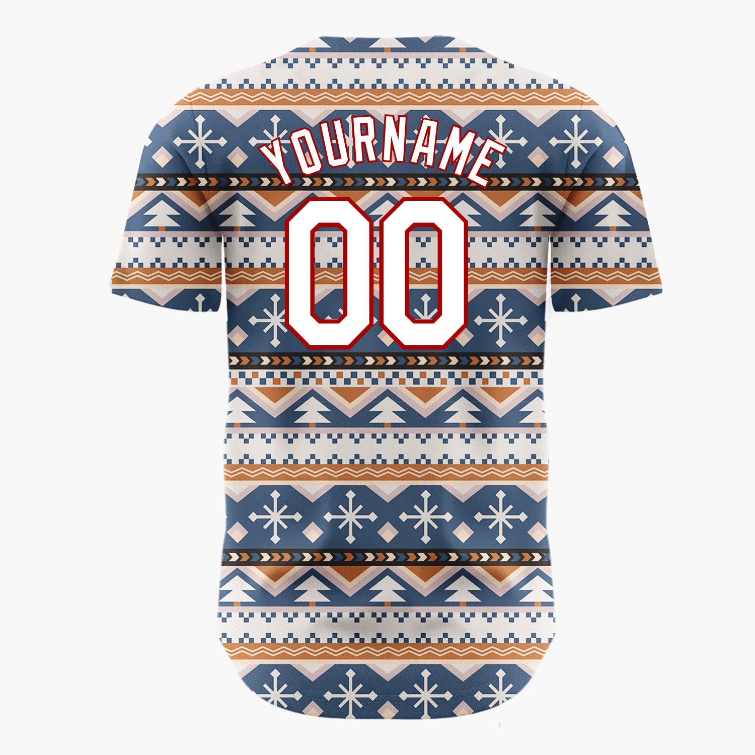 Custom Navy Beige Trees And Snowflakes Tribal Winter Geometric Pattern Christmas Baseball Jersey