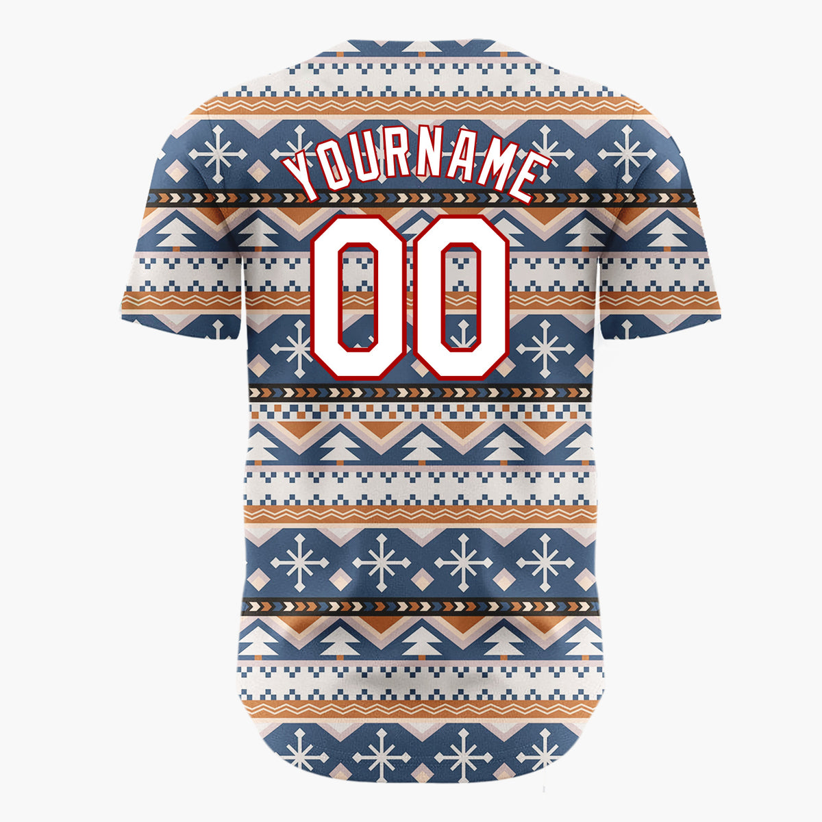 Custom Navy Beige Trees And Snowflakes Tribal Winter Geometric Pattern Christmas Baseball Jersey