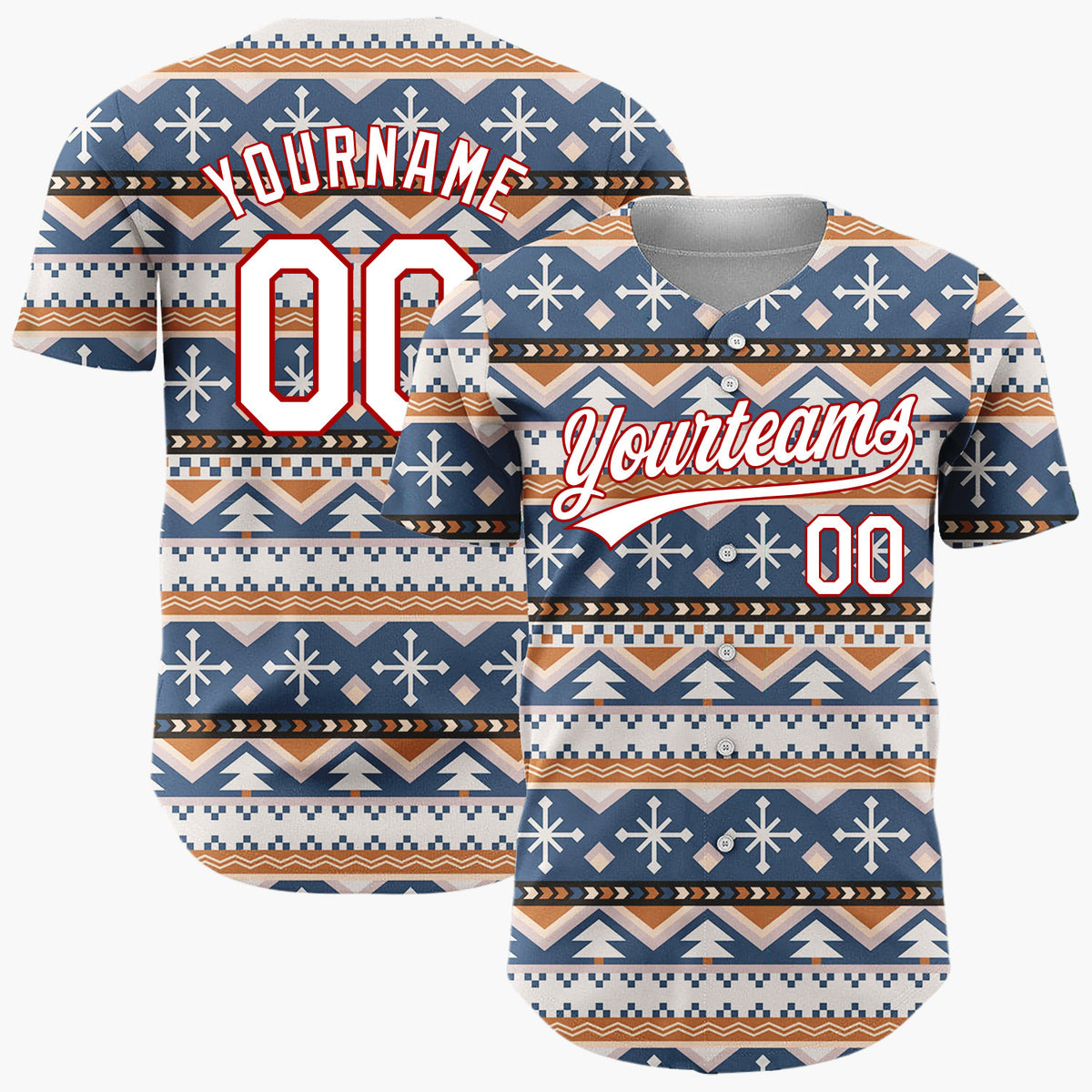 Custom Navy Beige Trees And Snowflakes Tribal Winter Geometric Pattern Christmas Baseball Jersey