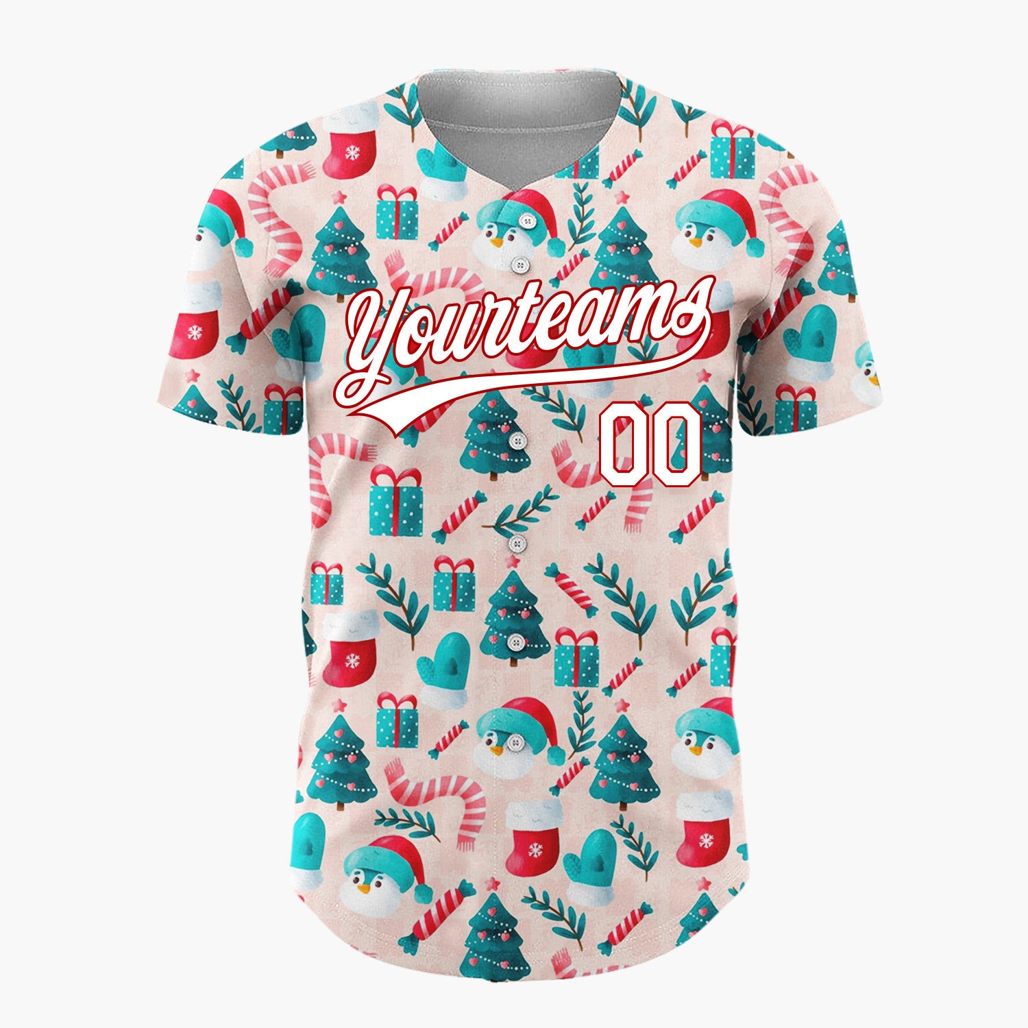 Custom Pink Red Blue Cute Festive Characters Christmas Baseball Jersey