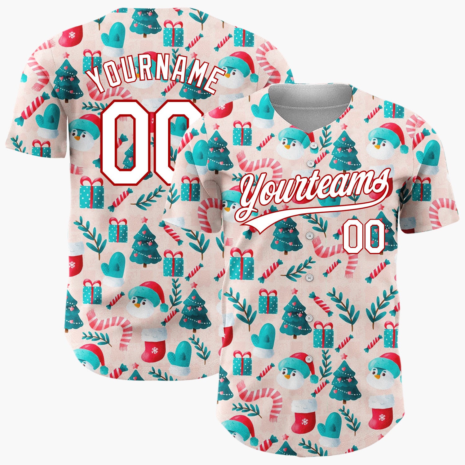 Custom Pink Red Blue Cute Festive Characters Christmas Baseball Jersey