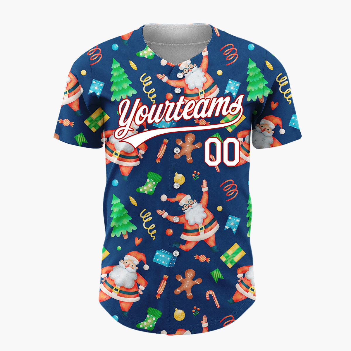 Custom Navy Santa Gingerbread And Tree Watercolor Cartoon Pattern Christmas Baseball Jersey