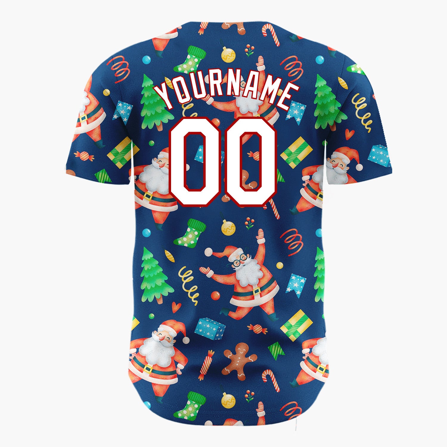Custom Navy Santa Gingerbread And Tree Watercolor Cartoon Pattern Christmas Baseball Jersey