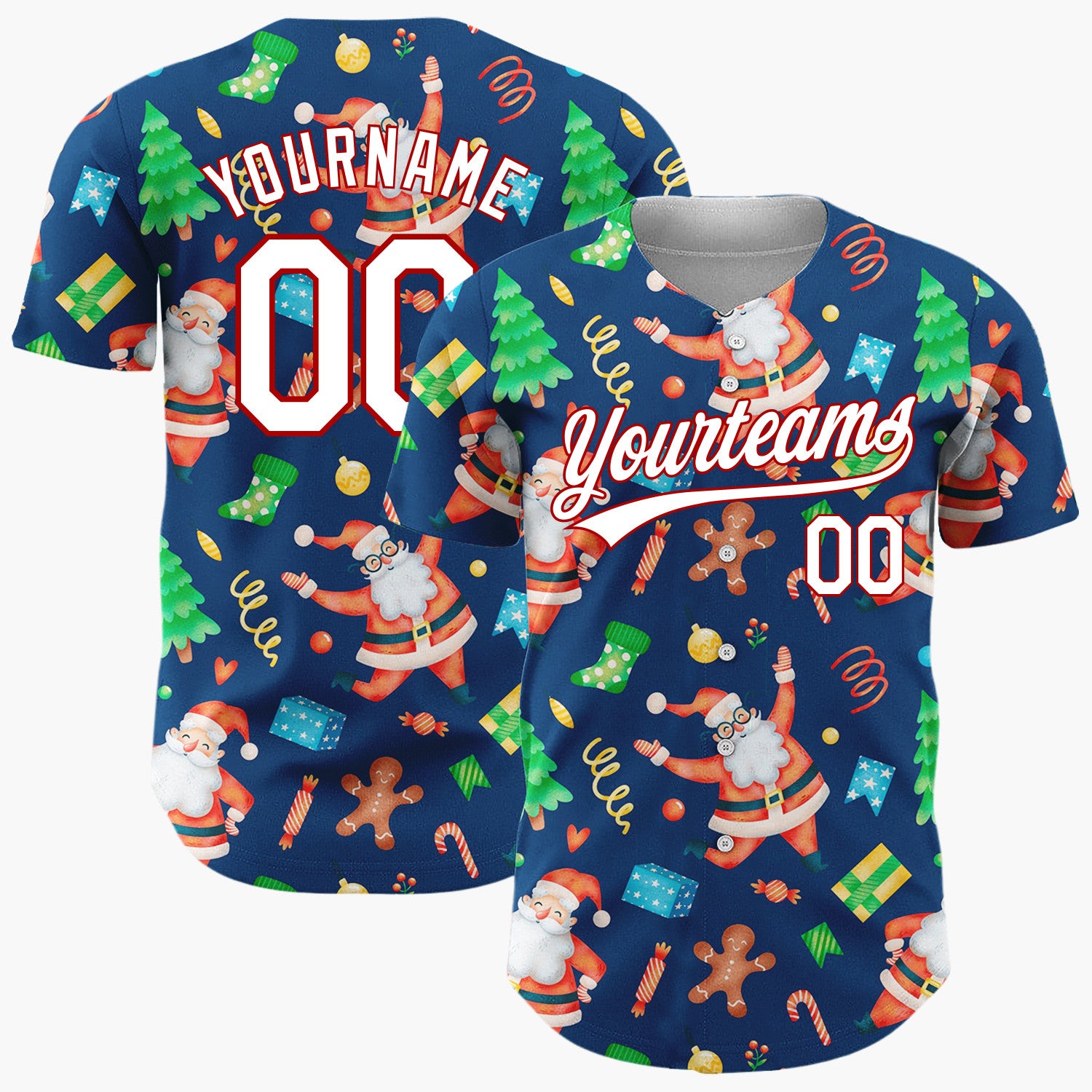 Custom Navy Santa Gingerbread And Tree Watercolor Cartoon Pattern Christmas Baseball Jersey
