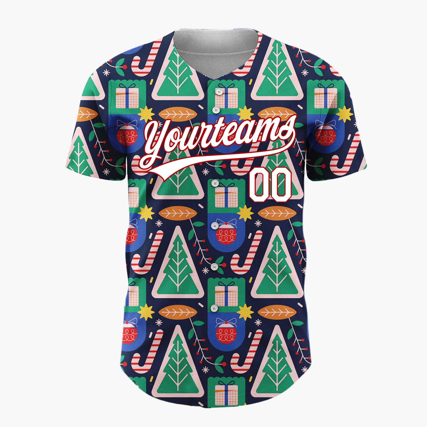 Custom Navy Geometric Trees Gifts Modern Holiday Pattern Christmas Baseball Jersey